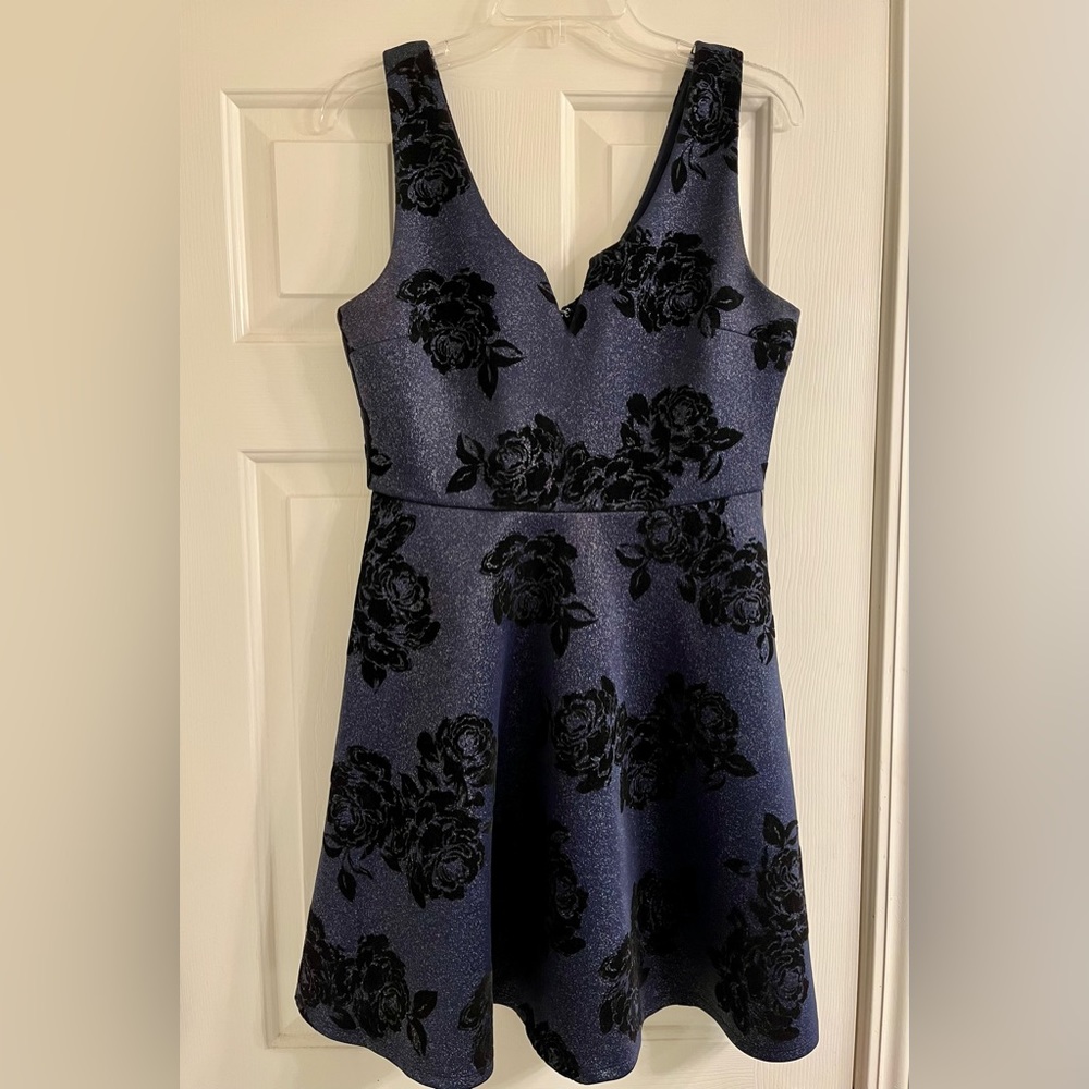 Midnight Navy Blue Floral Sparkly Dress